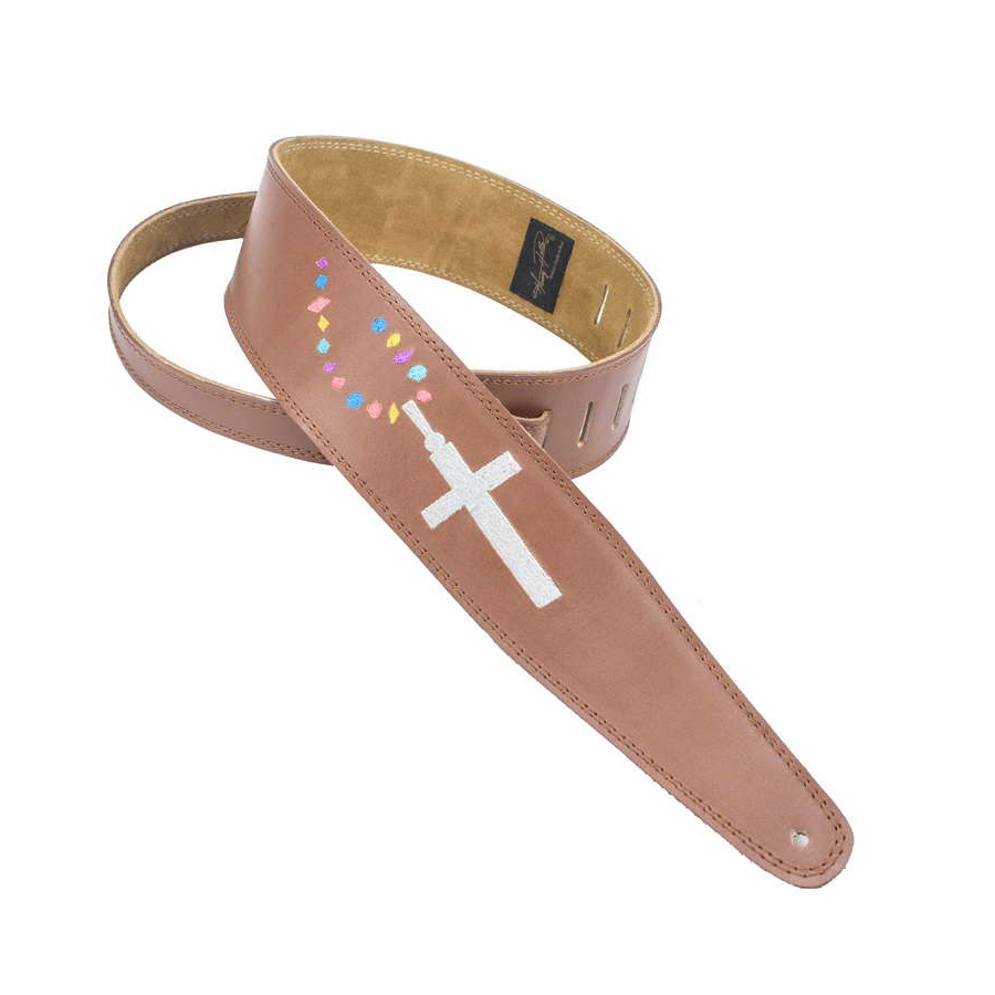 Brown Leather w Cross On Jeweled Chain Embroidery
